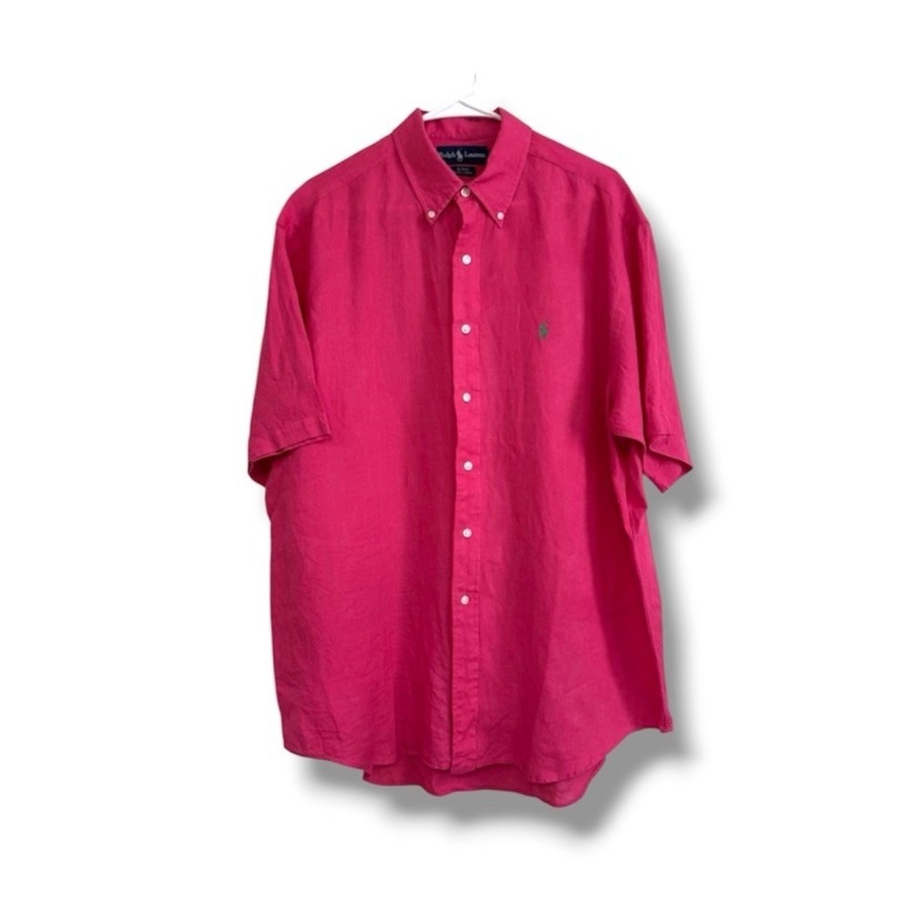 Ralph Lauren Blake Men's L Hot Pink Short Sleeve Button-Down Logo Shirt Large